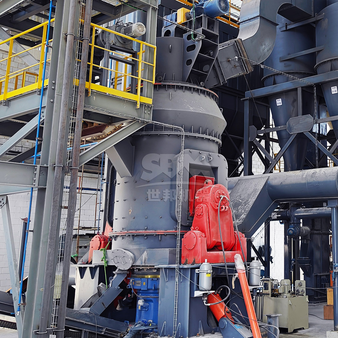 Internal operation of a vertical roller mill showing grinding rollers processing coal gangue into fine powder.