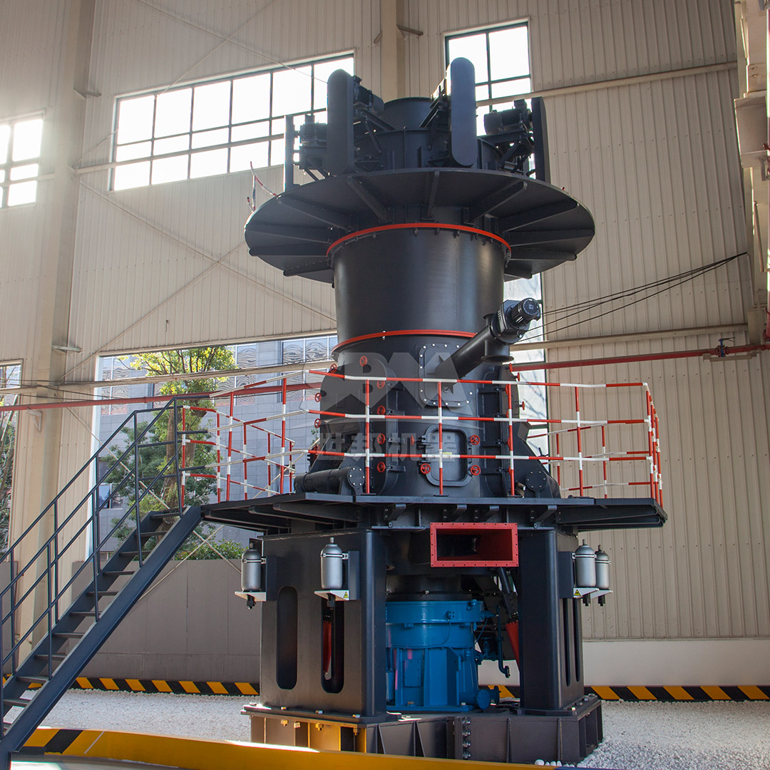 Cross-sectional diagram of a Vertical Roller Mill showing grinding table, rollers, classifier, and hot gas flow for kaolin processing.